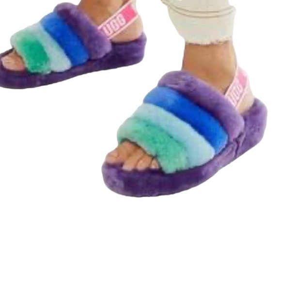 UGG Pride Fluff Yeah Slide Sheepskin Rainbow Slipper Sandal - Picture 1 of 10